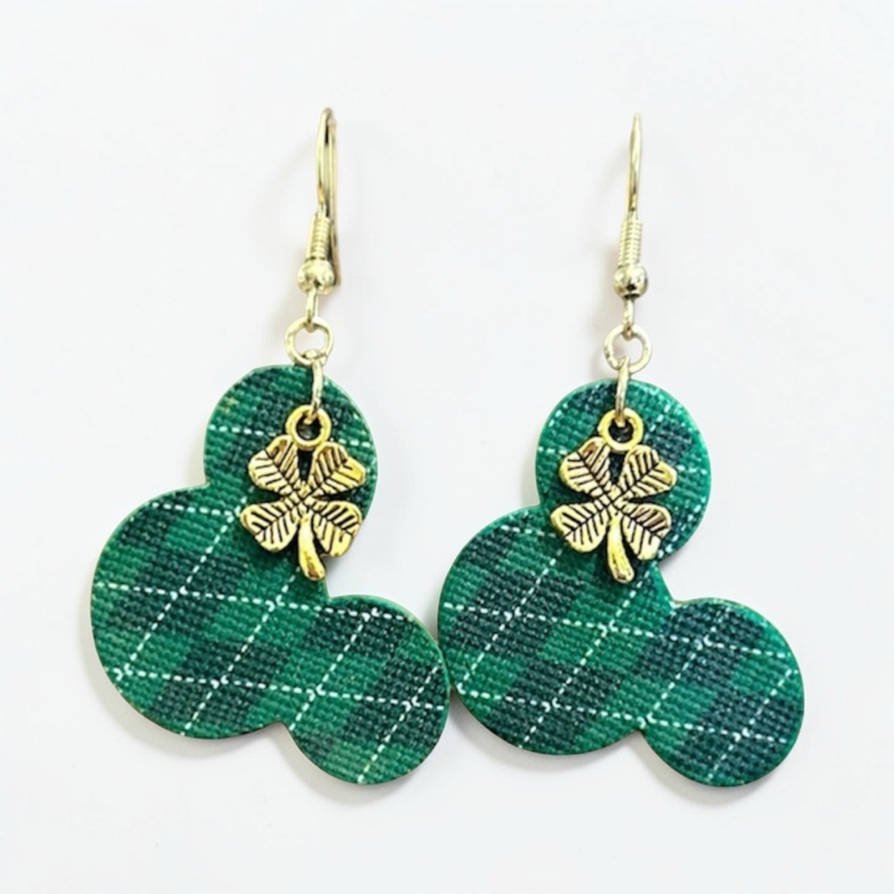 Green Plaid Clover Statement Earrings | Gold Charm | Faux Leather